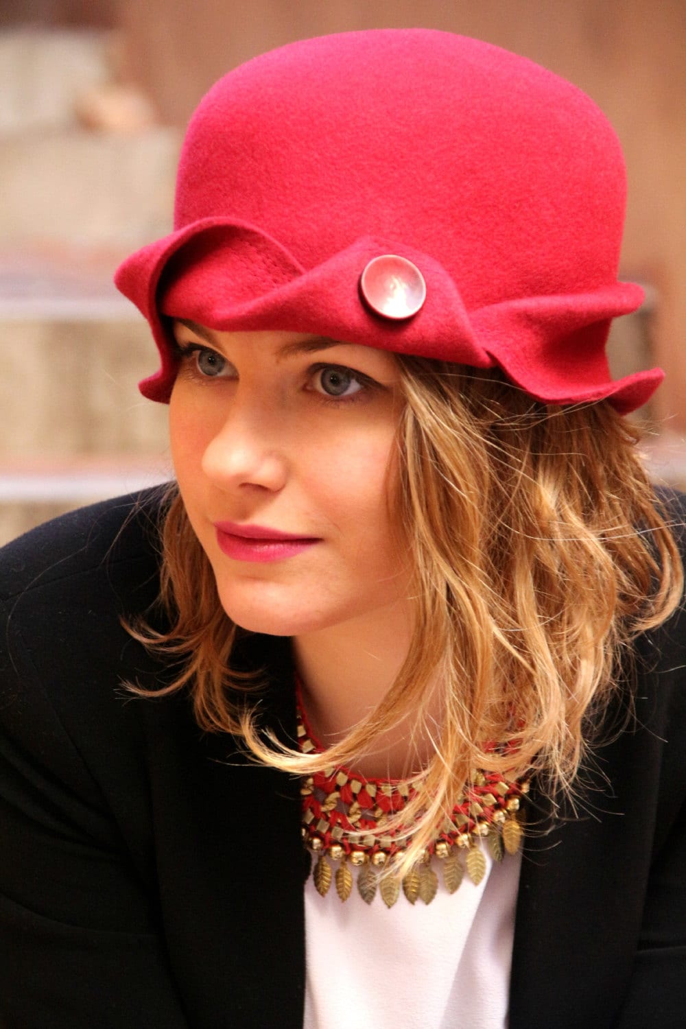 Designer hat. Unique womans red cloche hat. Hand sculpted