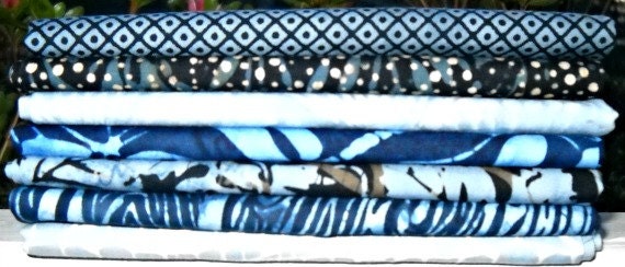 Blue Batik Fabric Fat Quarter Bundle Seven By CurlicueCreations