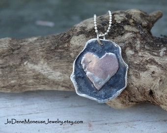 Rustic heart necklace, artisan mixed metal necklace, copper and oxidized sterling silver, metalsmith jewelry