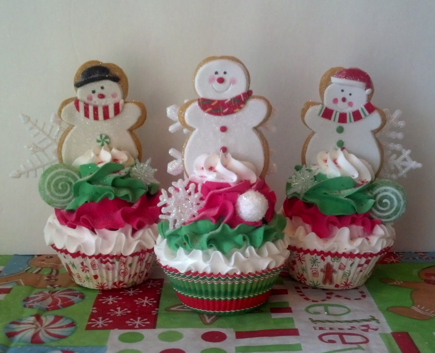 Sugar Cookie Snowman Fake Cupcakes Photo Props, Red White Green Layers of Ruffle Frosting, Snowflakes, Snowball, Candy Swirls, Ornaments