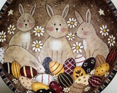 Primitive Folk Art Painting Easter Wood Bowl - MADE TO ORDER - Baby Bunnies Hunting Easter Eggs, Spring, Rabbits, Spring decor