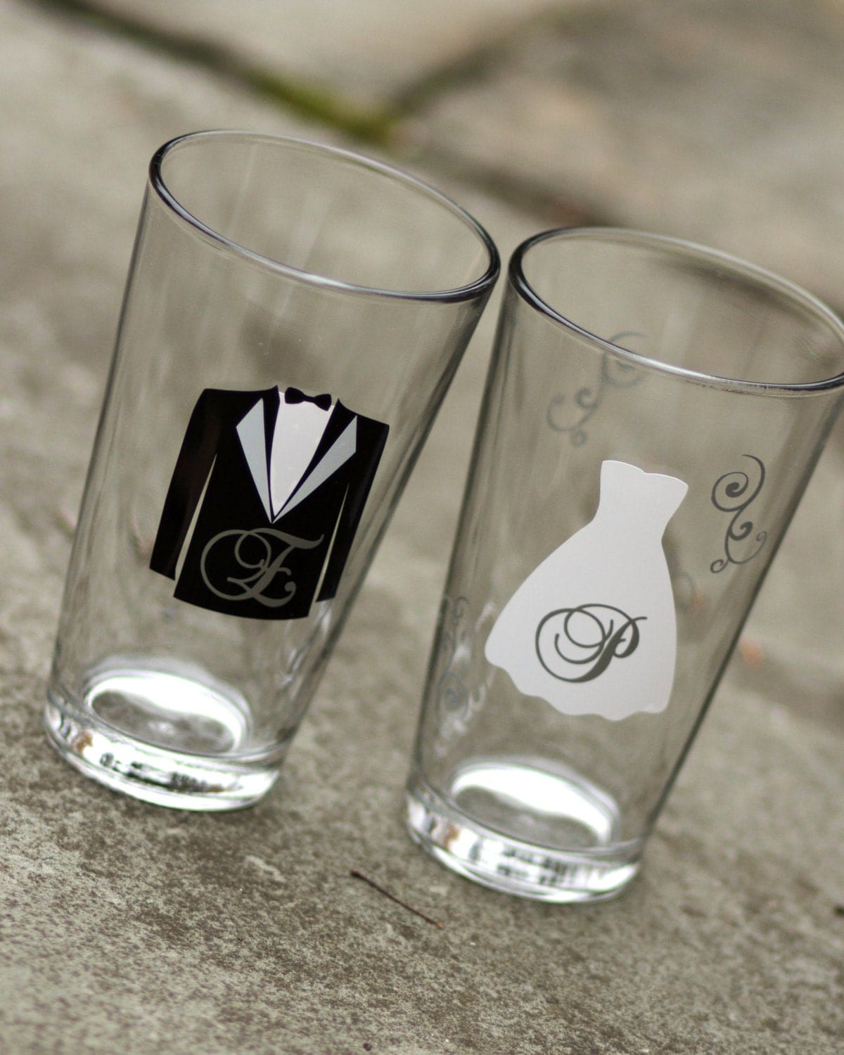 2 Personalized Bride and Groom pint glasses engagement shower