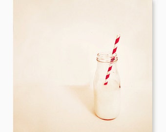 Retro kitchen decor, retro kitchen art, still life photography, glass milk bottle print, vintage milk bottle, red striped straw, retro photo