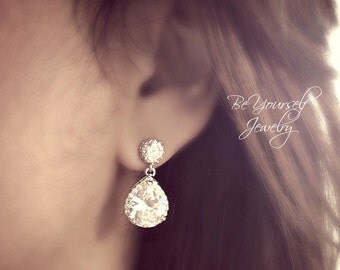 White Crystal Wedding Earrings Teardrop Bridal Earrings Cubic Zirconia Bride Earrings Bridesmaid Gift CZ Wedding Jewelry Sterling Earrings