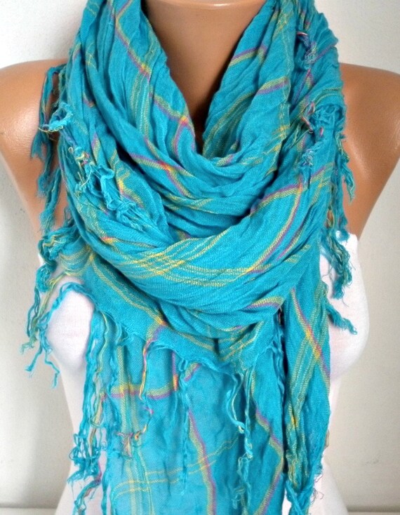 Turquoise Plaid Cotton Scarf So Soft. Fall Winter Scarf