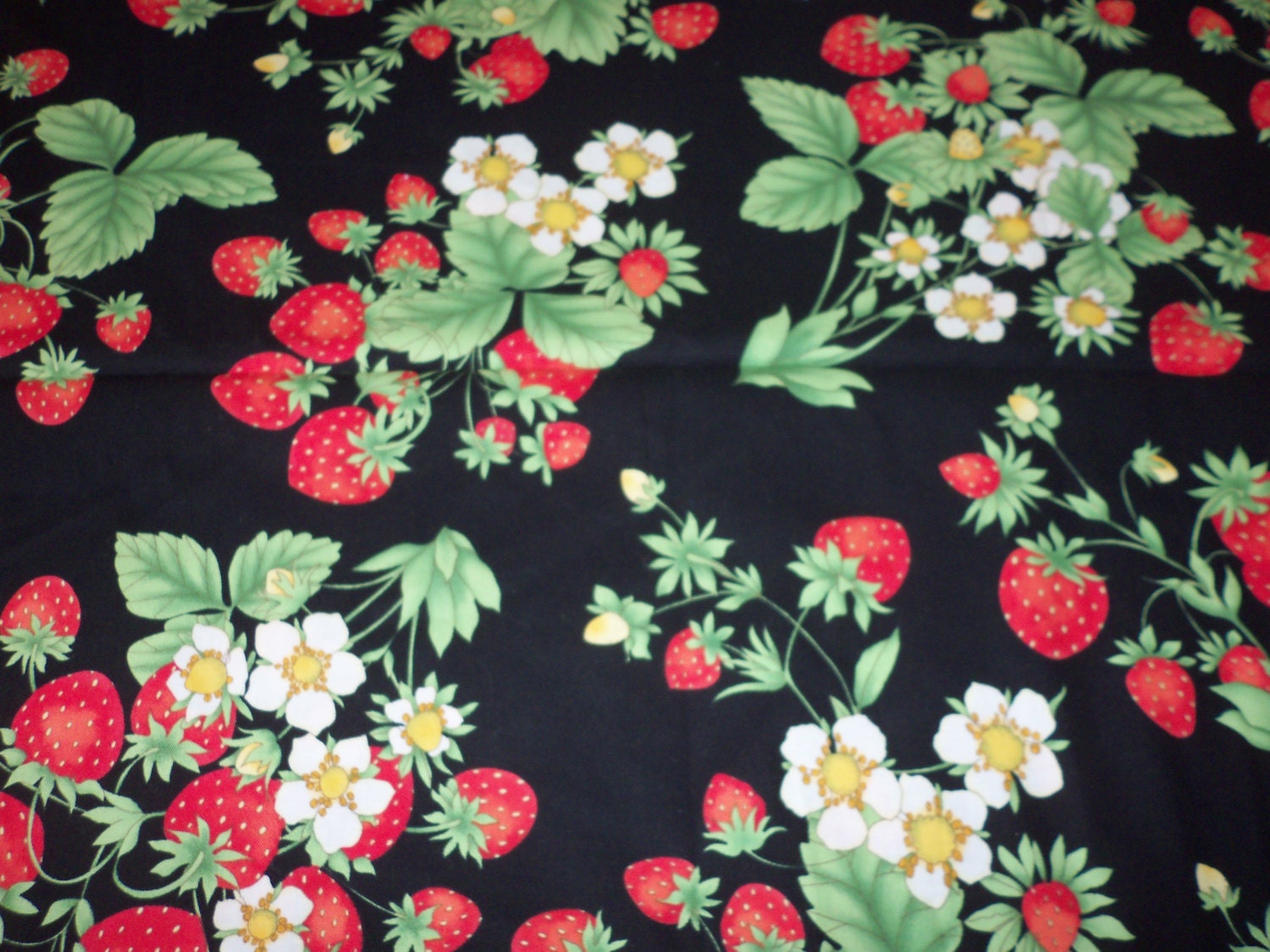 Strawberry Plants Fabric on a Black Background By The Yard