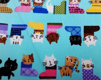 Cats in boots, blue, fat quarter, pure cotton fabric