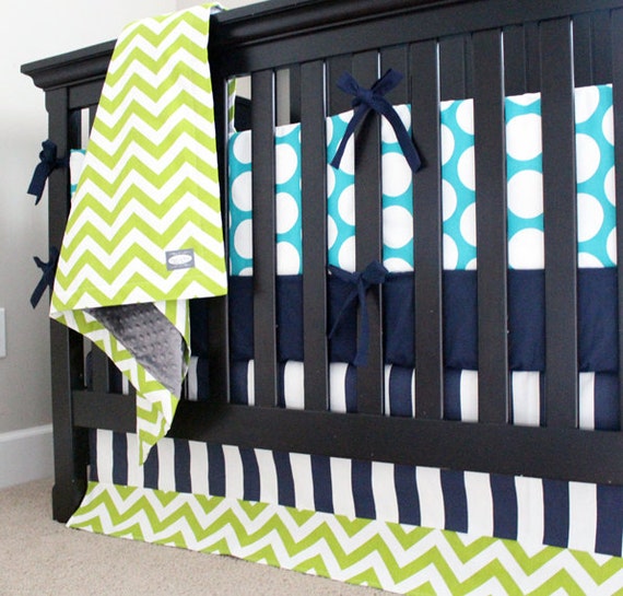 Navy and Turquoise Crib Bedding Green and Navy by GiggleSixBaby
