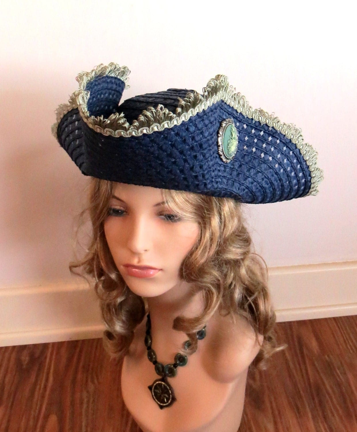 Pirate Tricorn Hat in Blue and Green Trim with Cameo
