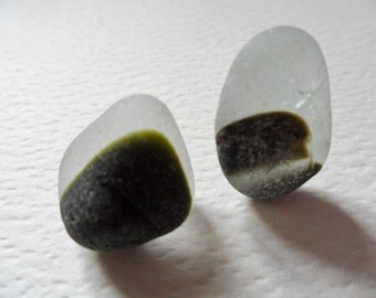 Dark green on white sea glass multis - Beautiful English beach find pieces
