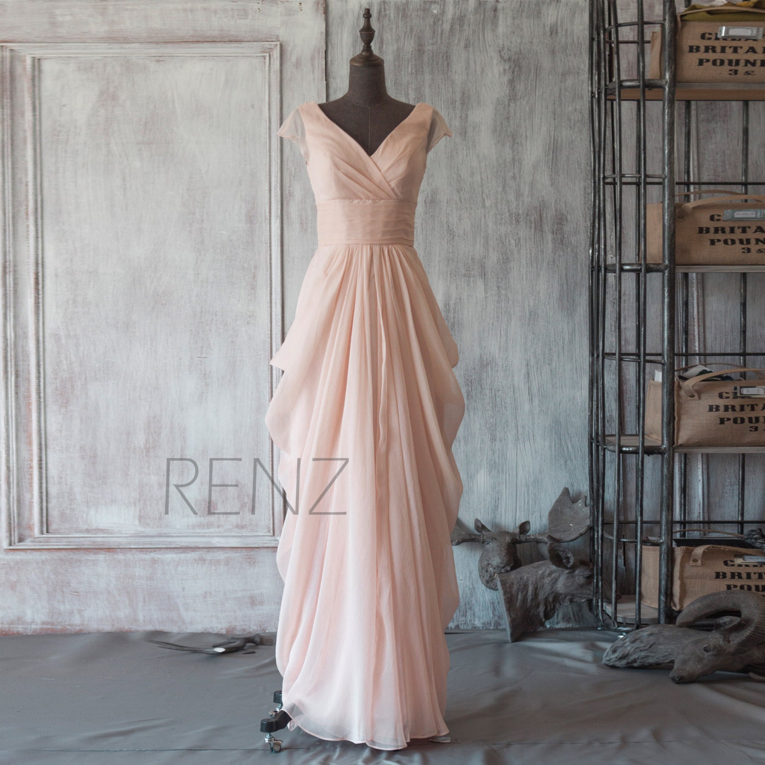 2015-peach-chiffon-bridesmaid-dress-cap-sleeve-maxi-by-renzrags