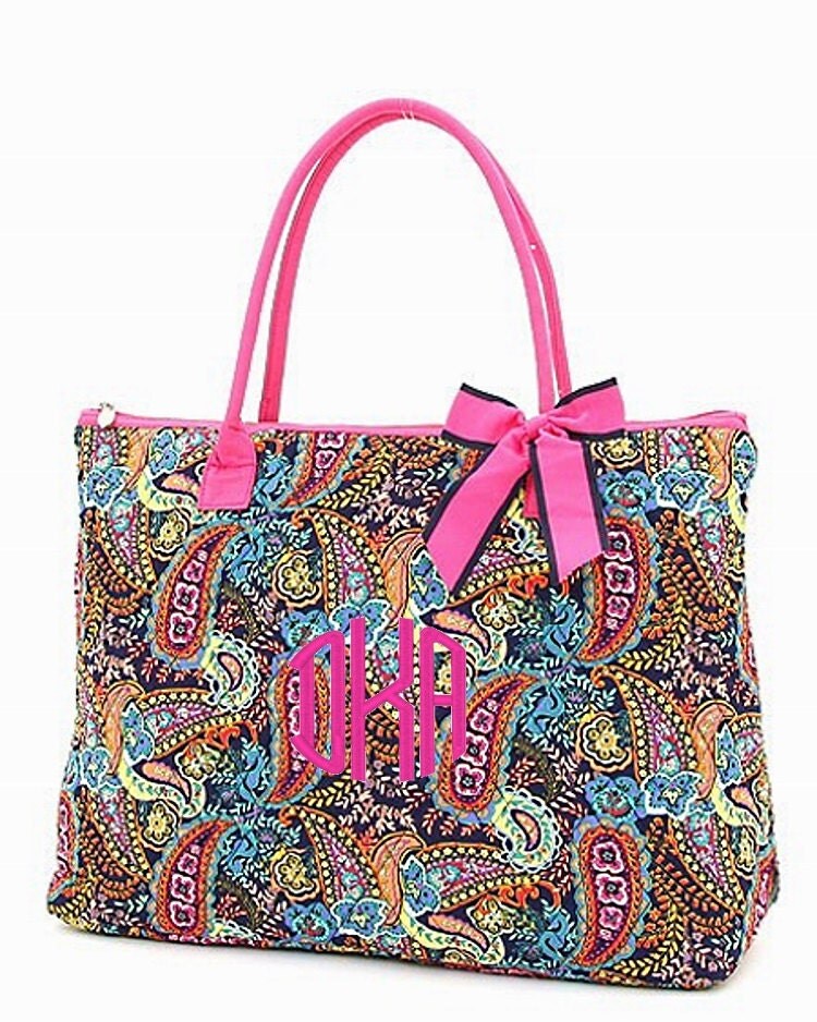 Personalized Paisley Large Tote Bag with Hot Pink Trim Quilted