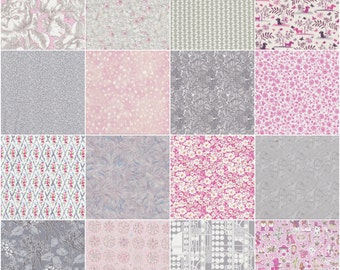 36 Liberty print pink and grey charm pack, 5" patchwork squares