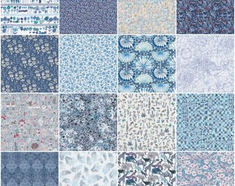 36 Liberty print blue charm pack, 5" patchwork squares in navy, sky and royal blue