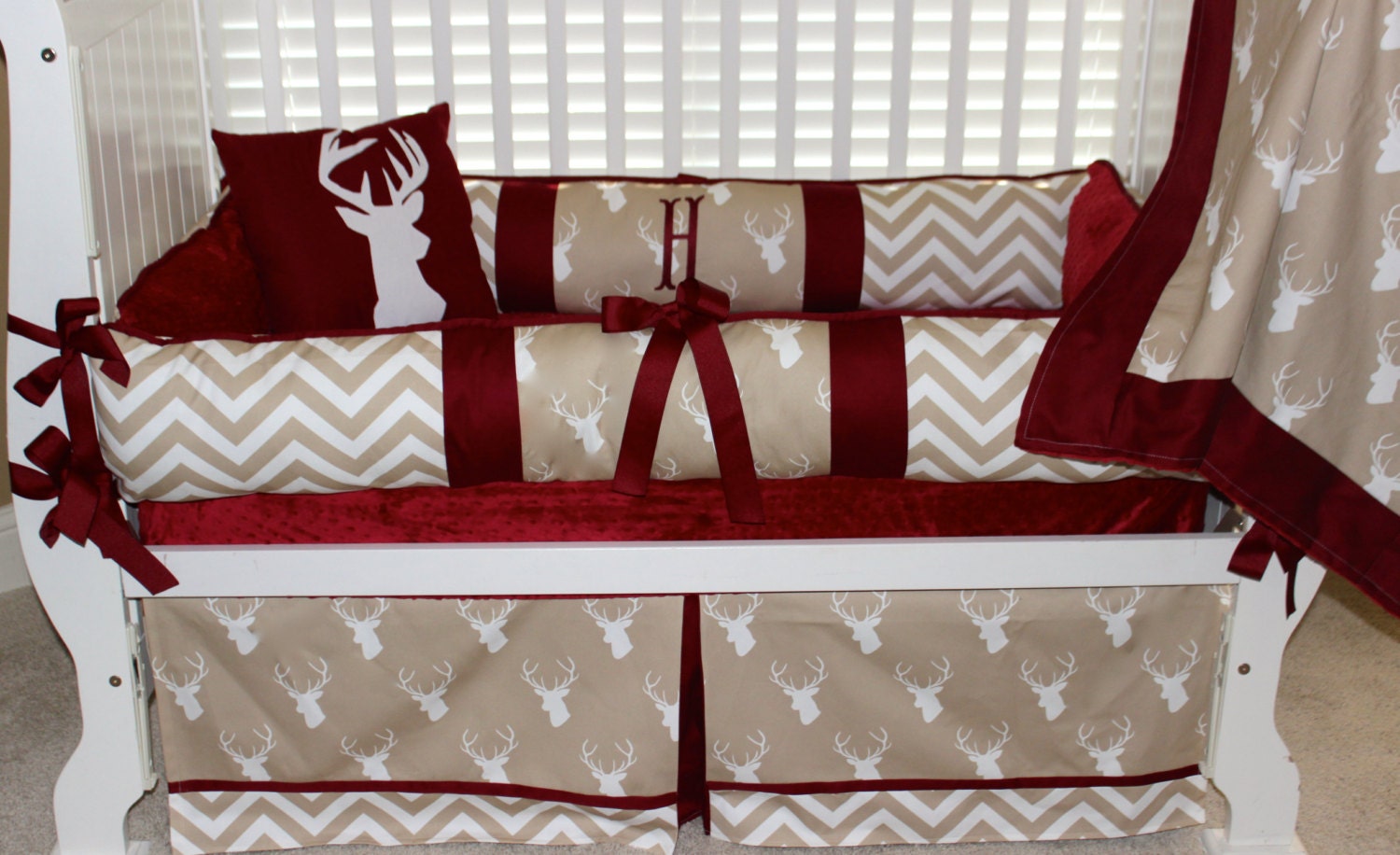 Custom baby bedding 6 pc set woodland deer forest lodge tan
