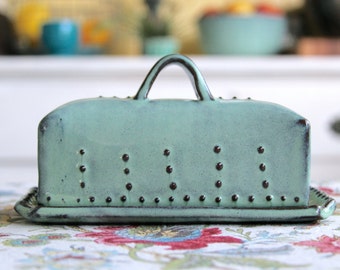 Covered Butter Dish with Lid - Rustic Aqua Mist - French Country Home Decor - MADE TO ORDER