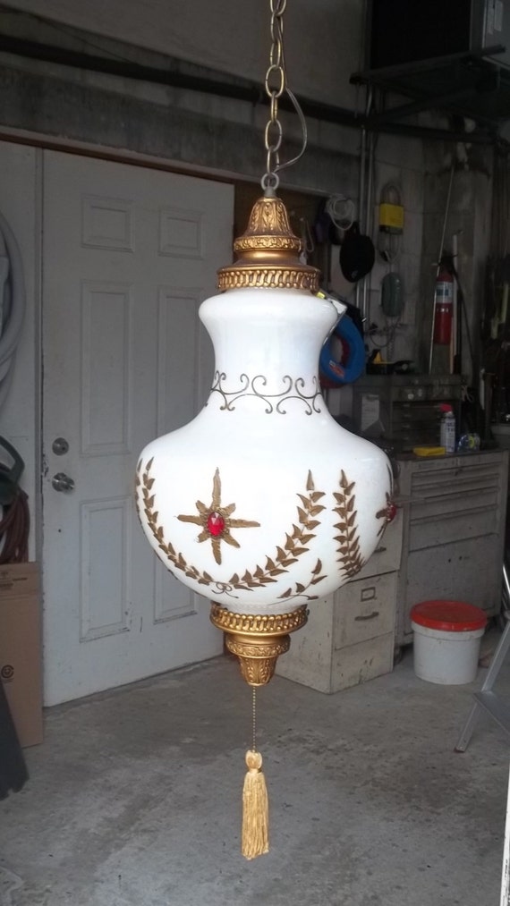 Vintage RARE Carl Falkenstein Swag Lamp Gold Gild Red