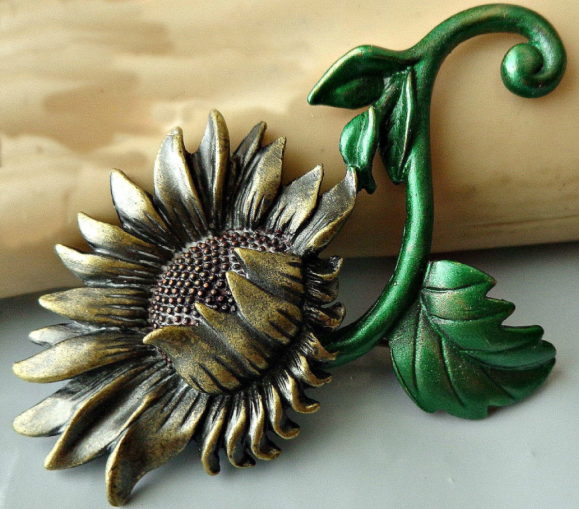 Vintage Gold tone Enamel Sunflower Brooch Haute Juice