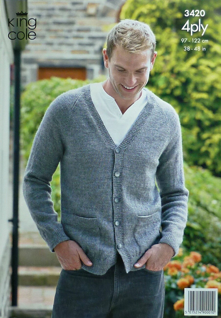 Mens Knitting Pattern K3420 Mens VNeck Cardigan with Pockets Knitting