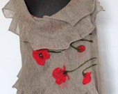 Linen Scarf Natural Gray Red Poppy Felted Wool