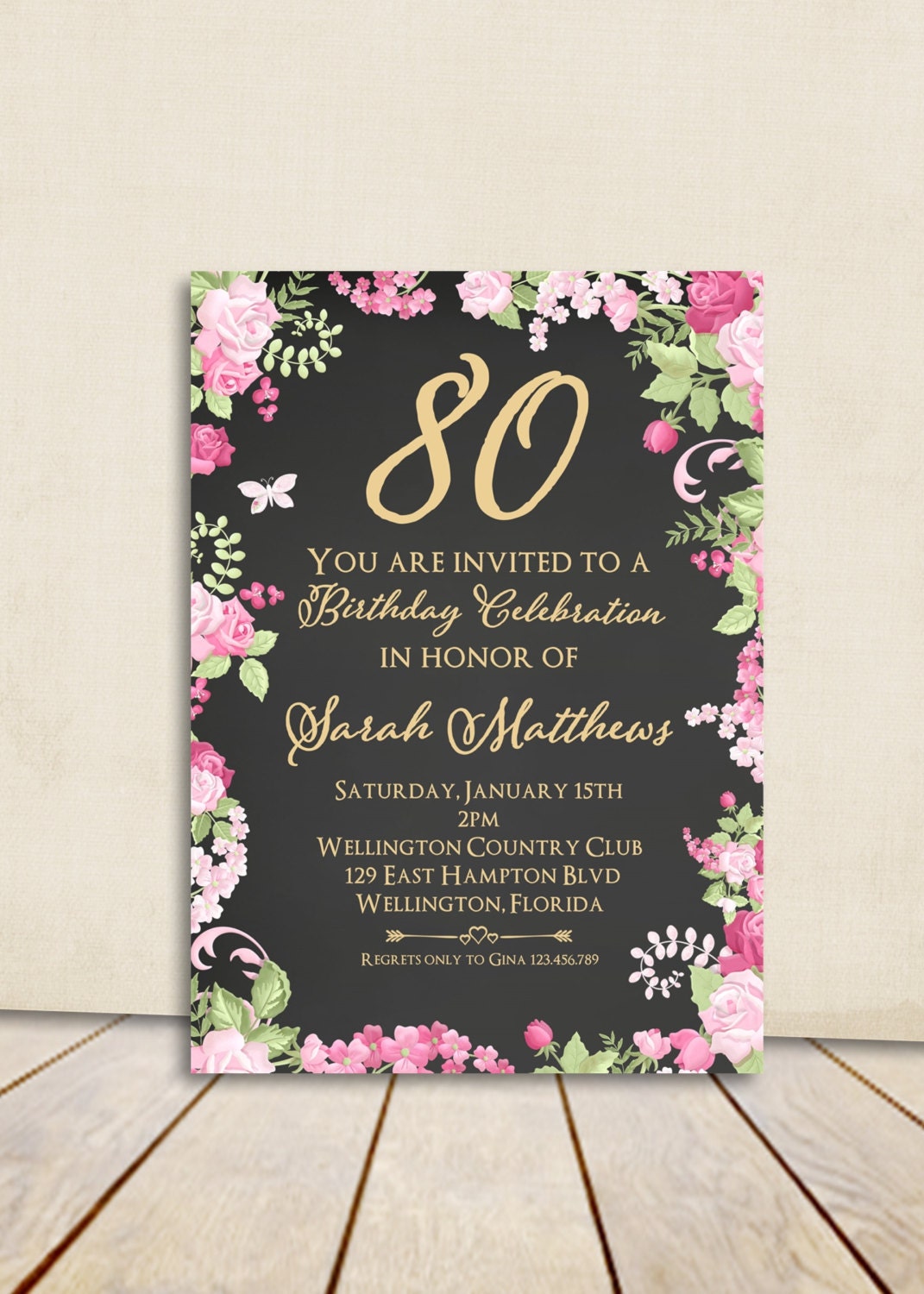 Cottage Chic Chalkboard 80th  Birthday  Invitation  Any Age Adult