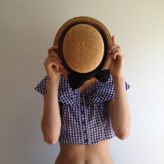 Vintage 90's Straw Bowler Hat / Blossom Black Bow by vintspiration