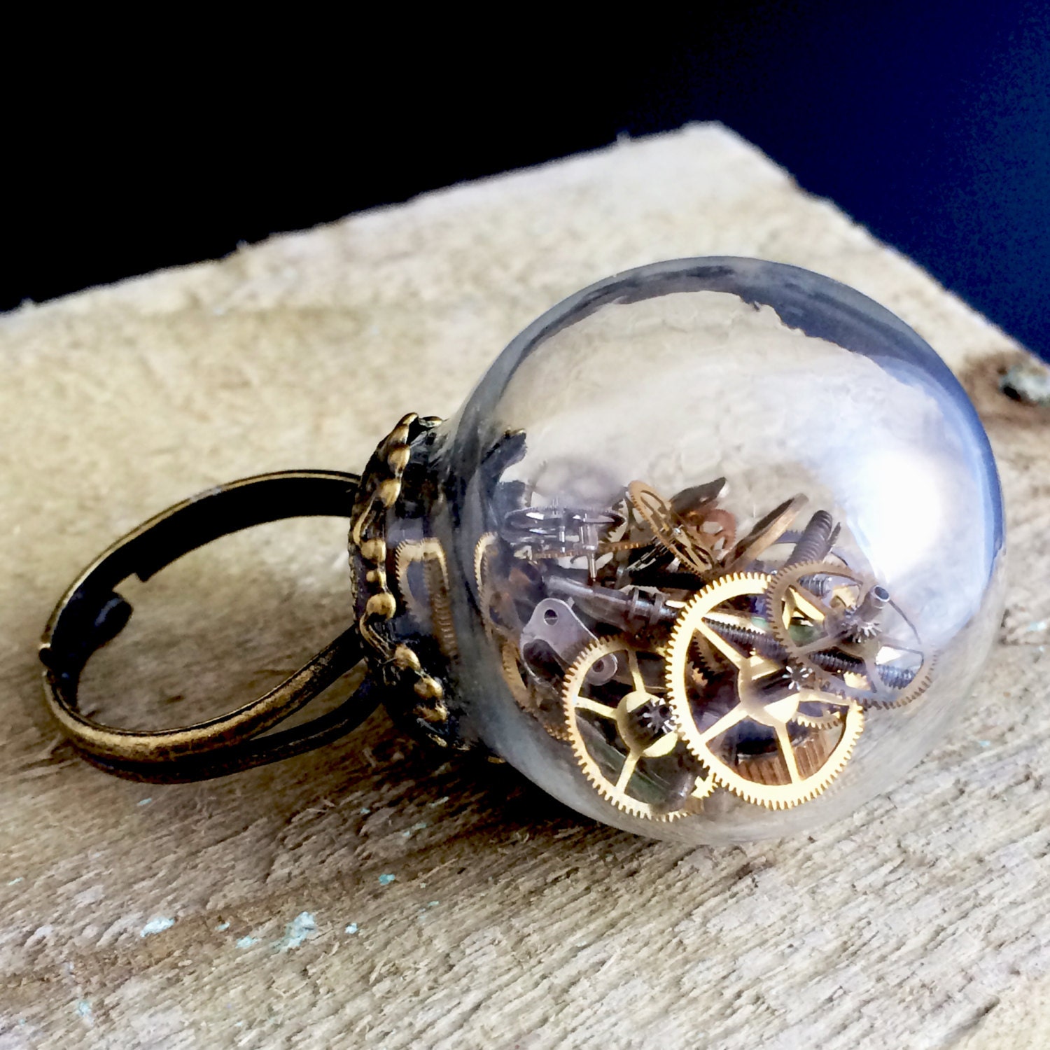 Steampunk glass ring, time capsule ring, vintage watch part ring, adjustable ring