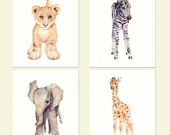 Safari Nursery Print Set- Watercolor Nursery prints, giraffe prints, nursery wall art, baby decor, fine art prints, elephant watercolor