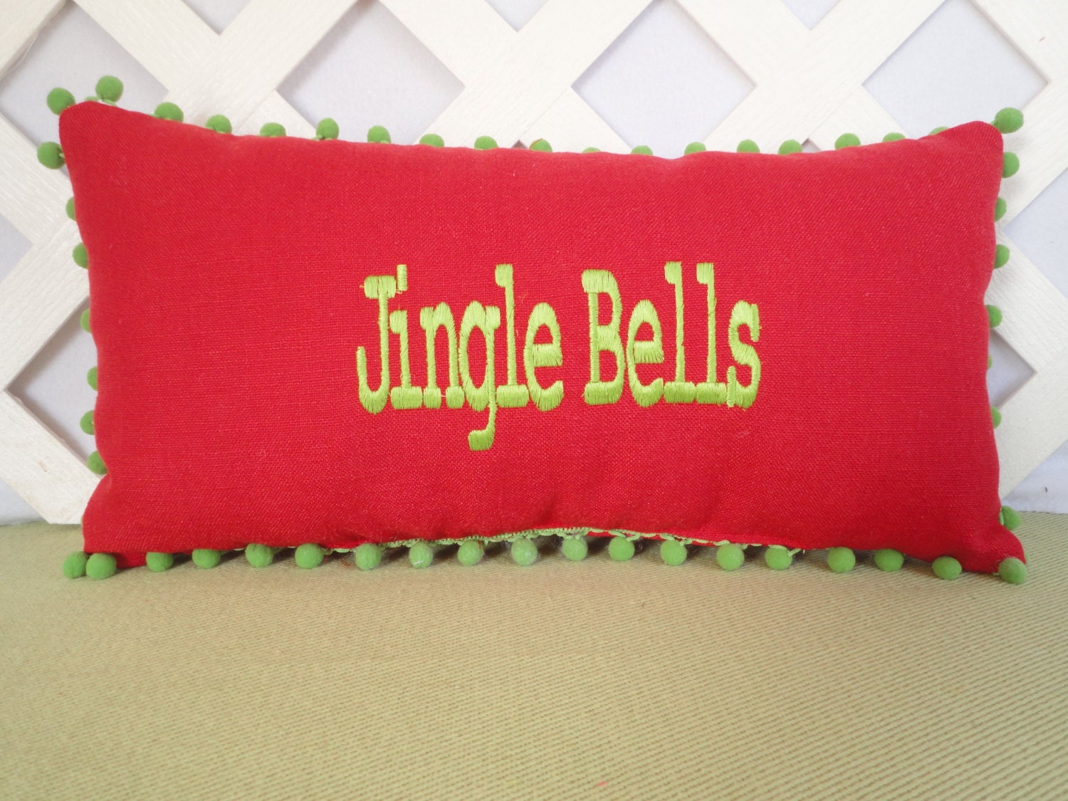 Jingle Bells Christmas Pillow in Red and Green / Embroidered