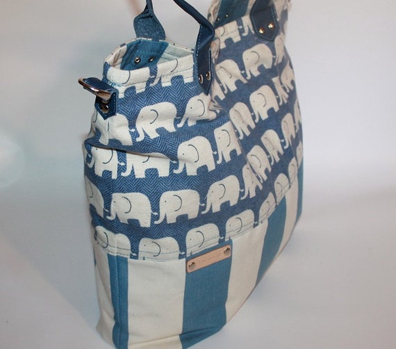 Tote bag Canvas diaper bag Leather strap elephant bag large blue ...