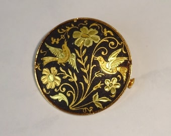 Vintage Damascene Brooch Round Black Gold