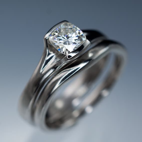 Bridal Ring Set Cushion F1 Moissanite Engagement Ring & Narrow