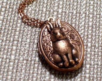 Copper Rabbit Locket, Copper Floral Locket, Easter Bunny Locket, Flower Locket, Oval Copper Locket Pendant, Animal Jewelry, Rabbit Jewelry