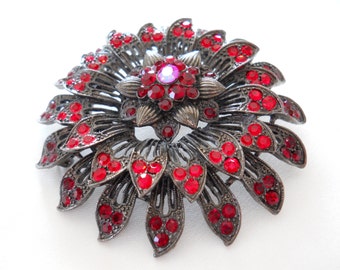 Red Rhinestone Flower Brooch Pin, Japanned Gunmetal, Vintage