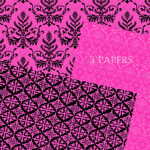 Hot Pink Damask Digital Paper Hot Pink and Black Digital