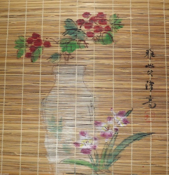 Vintage Chinese Bamboo Wall Art Hanger MultiColor Floral Vase