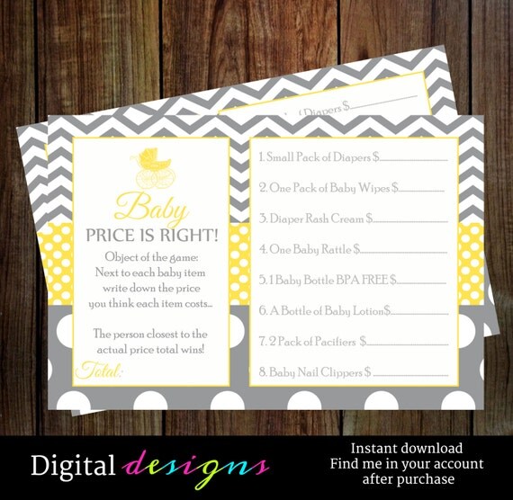 Baby shower printable price game in yellow and grey INSTANT DOWNLOAD Il_570xn