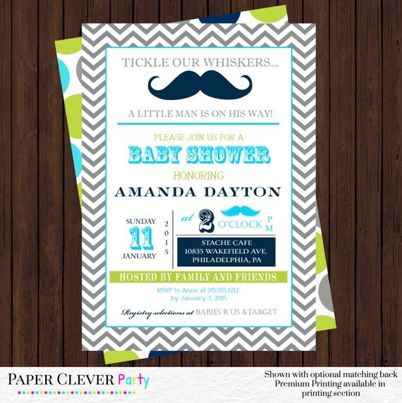 Mustache shower invitations -- boys little man shower in gray chevron with aqua and lime green printable Il_570xn