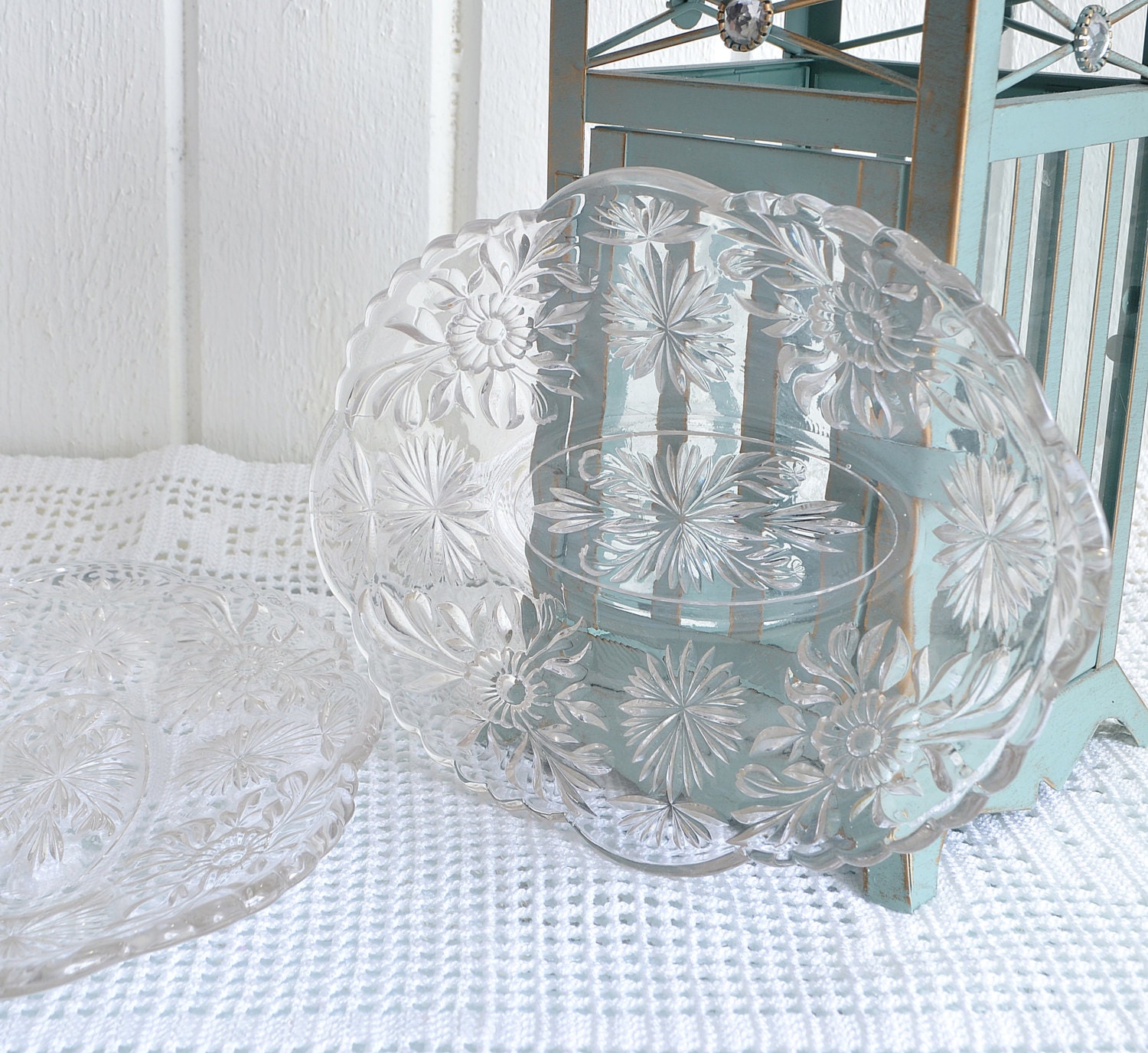 Oval cut glass plates , floral glass pattern, vintage Swedish glass