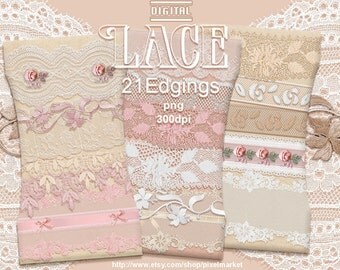 LACE TRIM BORDER ClipArt Realistic Digital Lace Ribbon Printable download Wedding CardMaking Photographer Web Design Pink White Floral b05