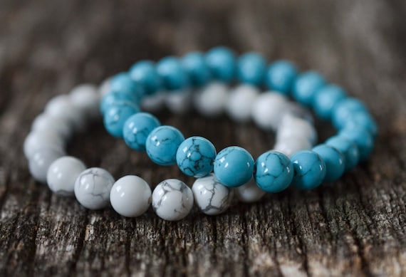 8mm Howlite Turquoise Bracelet Set, Bead Bracelet Set, Gemstone Bracelet Set, Womens Mens Bracelet Set,  Stretch Yoga Bracelet Set, Gift