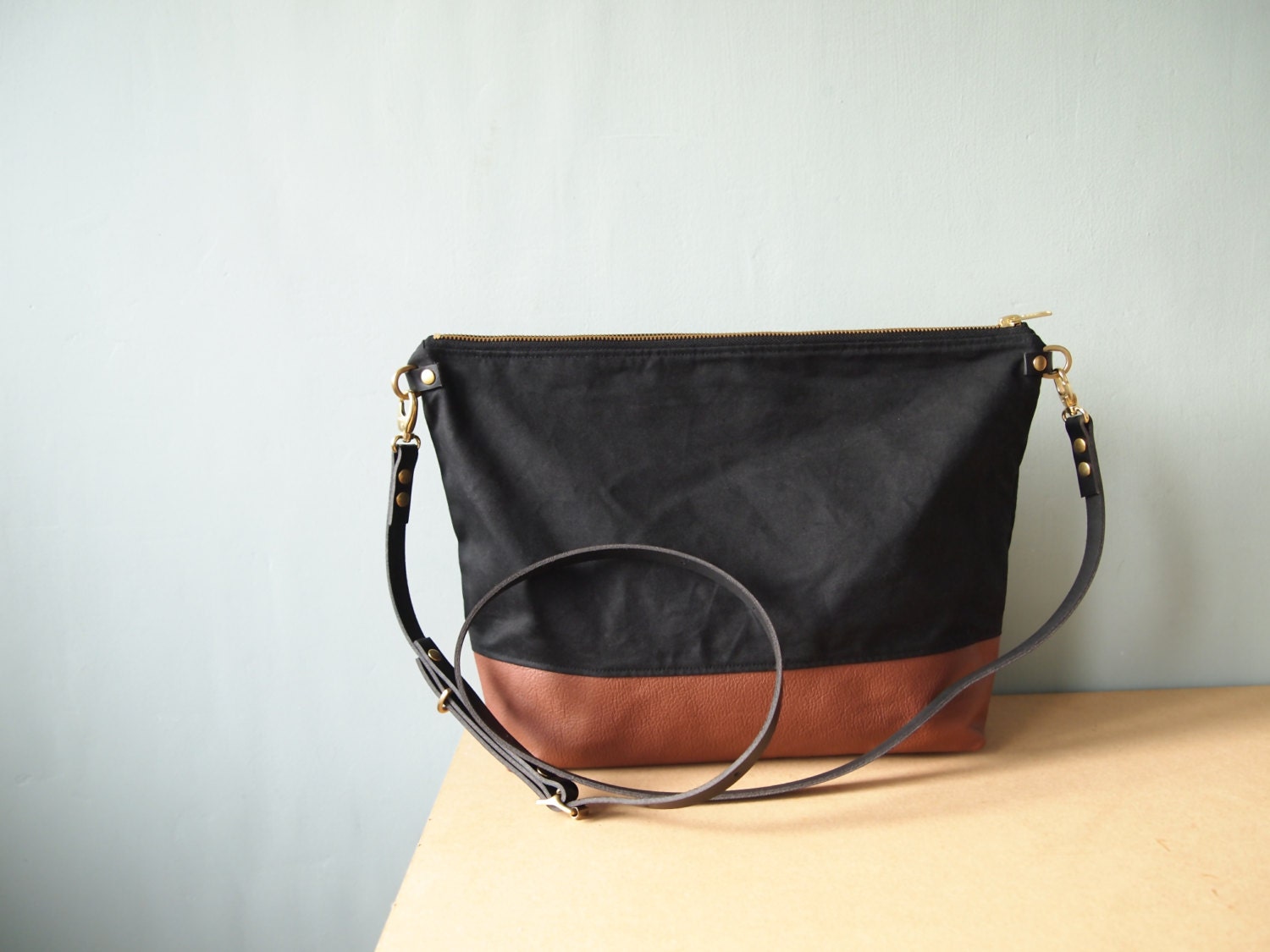 Leather and Wax Canvas Bag SKYE Black CANVAS Top and Tan