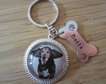 Dog photo keychain with stamped name disc~ perfect Christmas gift for dog lover, or dog memorial gift- dog bone blank with paw prints