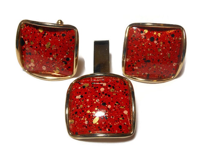 FREE SHIPPING Savoy red cuff links and tie tack set, 1950s, abstract, modernist speckled and spattered enamel
