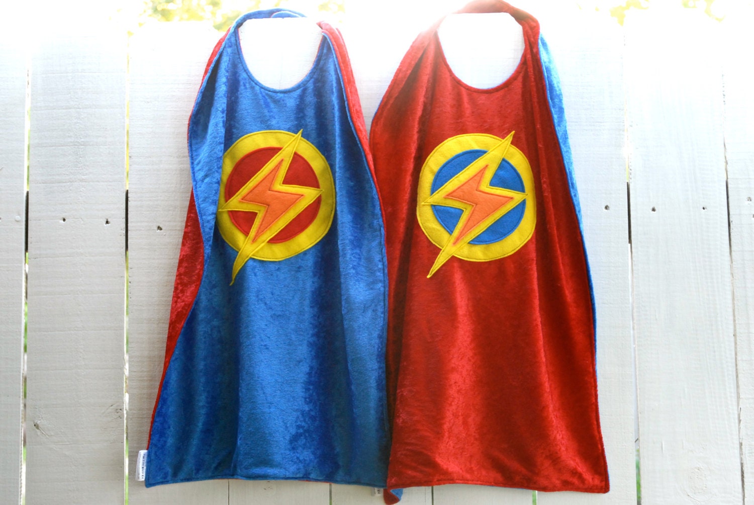 Twin Set of 2 Super Hero Capes RED and BLUE Lightning Bolt