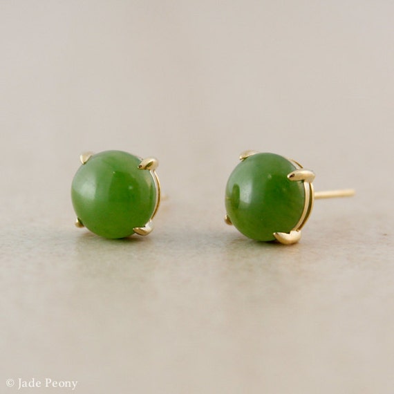Round Genuine Jade Stud Earrings 10K Yellow Gold by jadepeony