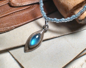 VINTAGE STERLING SILVER Necklace with Pale Blue/Grey Glass Beads and a Vintage Sterling Charm with a Pale Blue Stone - PreciousRuin