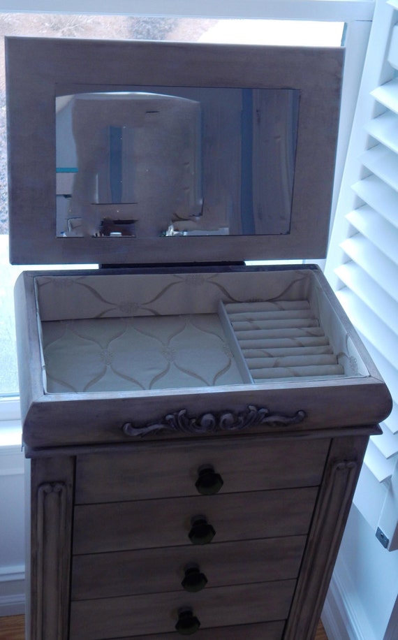 Distressed Cream and Emerald Large Jewelry Armoire Custom