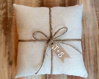 Natural Cotton Ring Bearer Pillow With Jute Twine and Burlap Tag- Personalize With Initials- 3 Sizes -Wedding/Ceremony-Natural/Minimalist