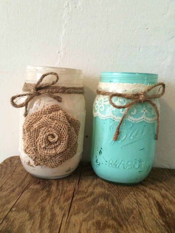 Set of 12Painted Mason Jars w/ Twine Lace & Burlap 2